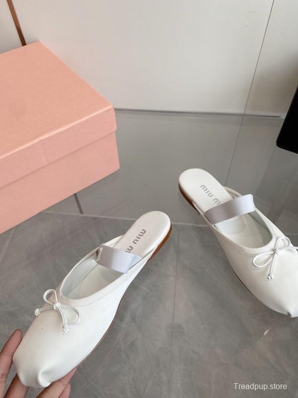 2025 Women Miumiu White Satin Ballet Flats Elastic Band KFY00280