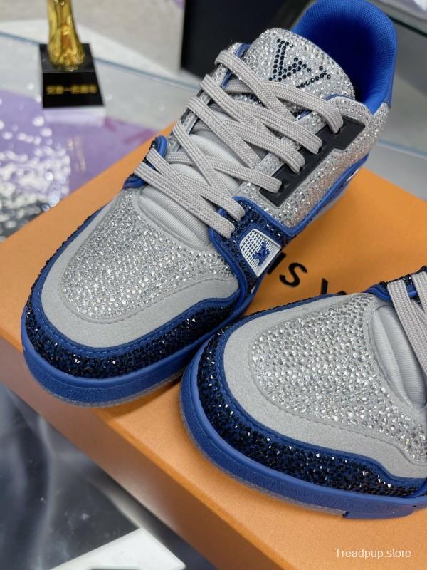 2025 Women Louis Vuitton Blue White Cow Leather Fabric Plimsolls Handcrafted Crystals AS00400