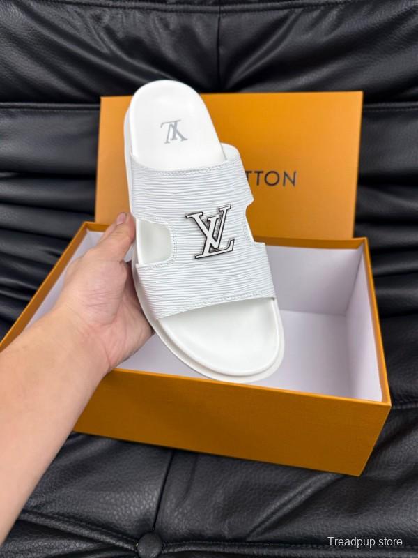 2025 Men Louis Vuitton White Leather Slippers AS00170