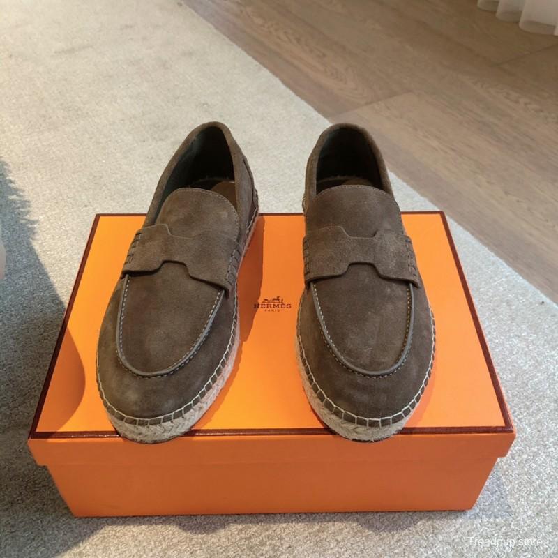 2025 Unisex Hermès Brown Suede Leather Loafers AS00380