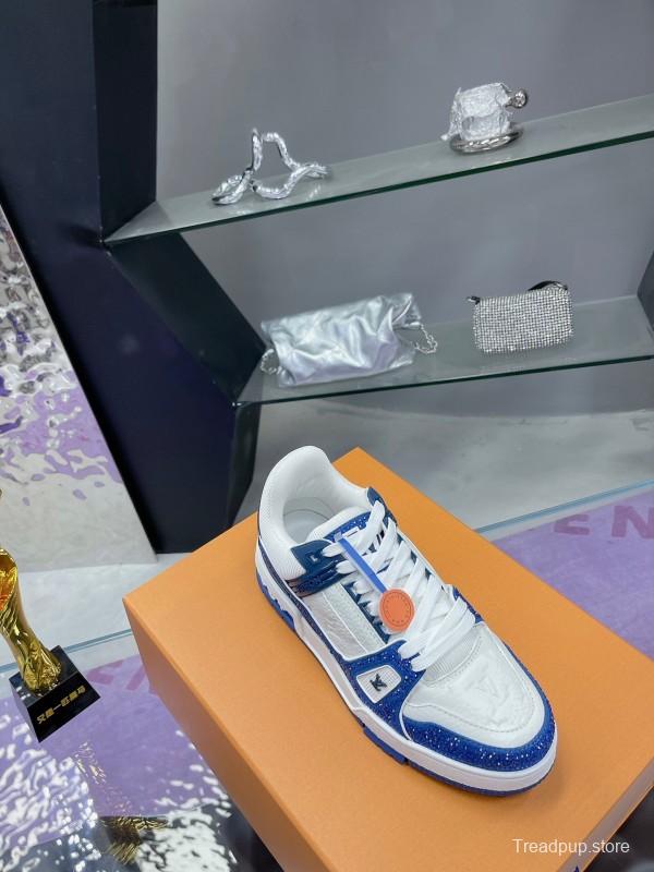 2025 Unisex Louis Vuitton Blue White Leather Plimsolls Handcrafted Beaded AS00400