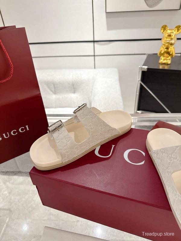 2025 Women Gucci White Leather Slippers Double G Embossed AS00240