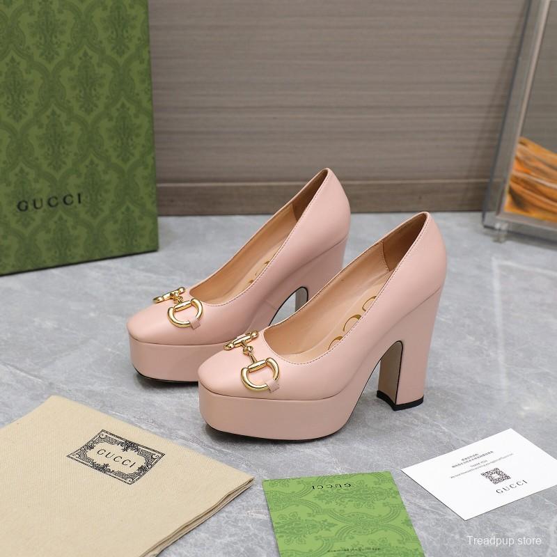 2025 Women Gucci Pink Leather Platform Pumps KFY00320