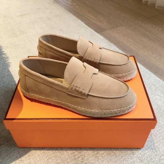 2025 Unisex Hermès Beige Calfskin Suede Loafers AS00380