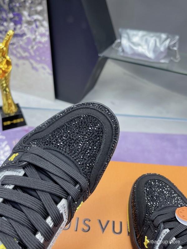 2025 Unisex Louis Vuitton Black Grey Yellow Leather Fabric Plimsolls Handcrafted Rhinestone AS00400