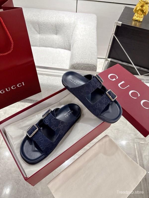 2025 Unisex Gucci Black Leather Fabric Slippers Double G Embossed AS00240