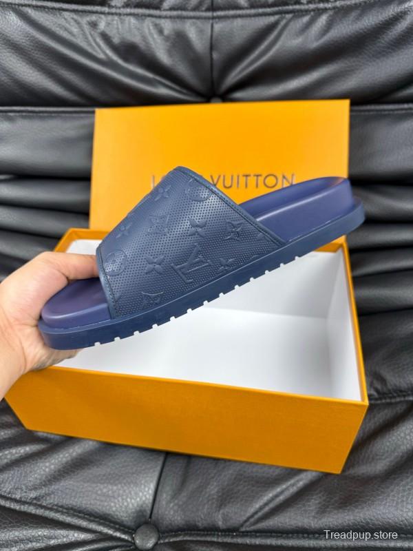 2025 Men Louis Vuitton Blue Leather Slippers AS00170