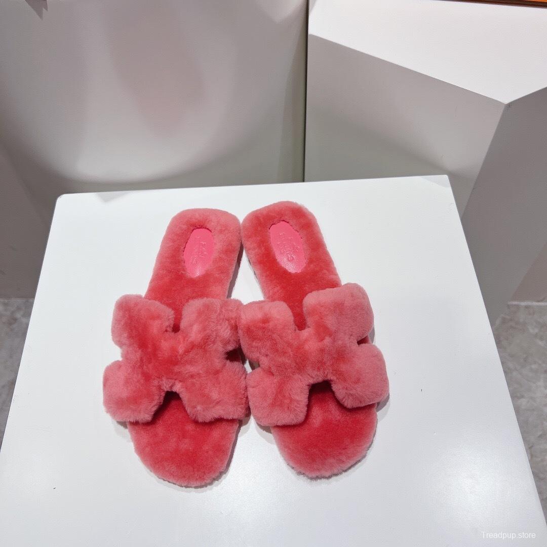 Hermès Teddy Wool H Slippers Flat Sole Fur Slides - LY00240