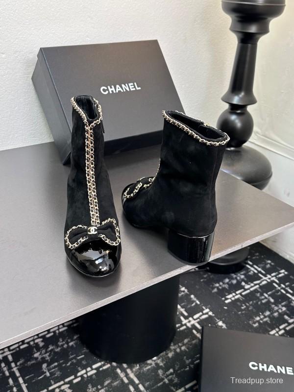 Chanel 2025 SS Chain Bow Chunky Heel Ankle Boots - LY00370