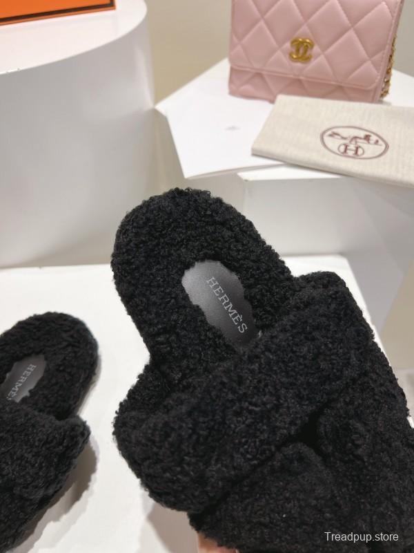 H Love Erjiu Full Wool Slippers with Wavy Fur Design - LY00270