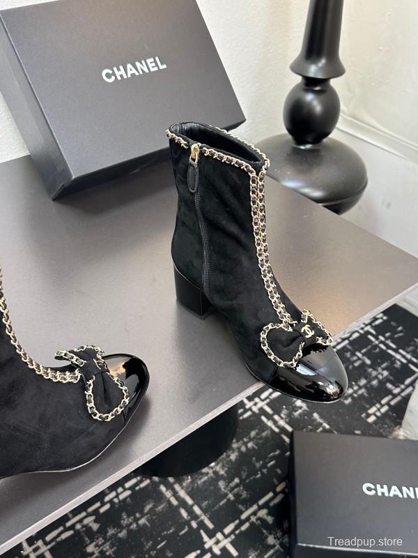 Chanel 2025 SS Chain Bow Chunky Heel Ankle Boots - LY00370